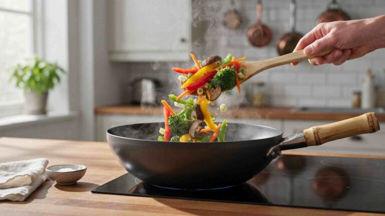 Non-toxic wok cooking fresh vegetables on a modern stovetop.