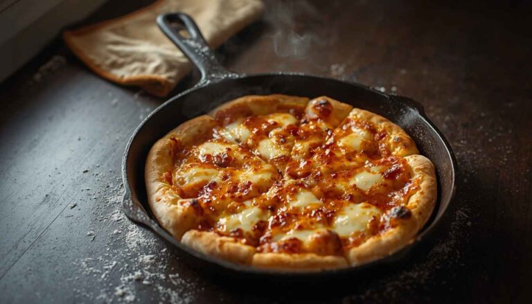Cast iron pizza pan fresh out of a home oven with a deeply charred, blistered crust and melted cheese.
