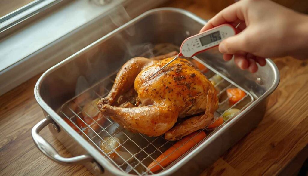 Checking a roasted chicken's temperature with a thermometer in a roasting pan.