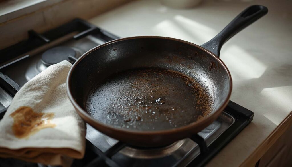 Dark, evenly seasoned carbon steel crepe pan resting on a gas stovetop burner.