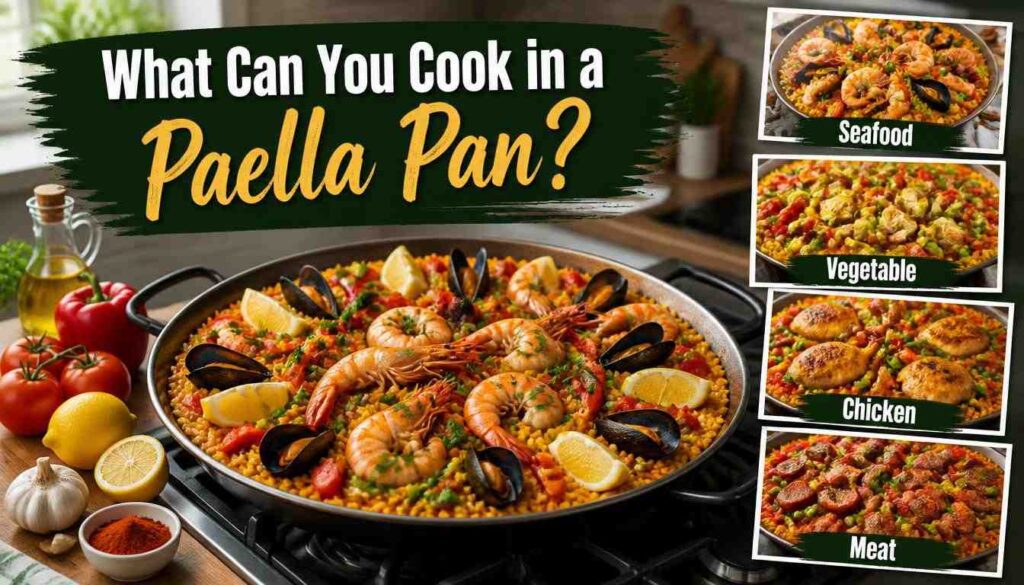 What can you cook in a paella pan with seafood, chicken, vegetables, and meat.
