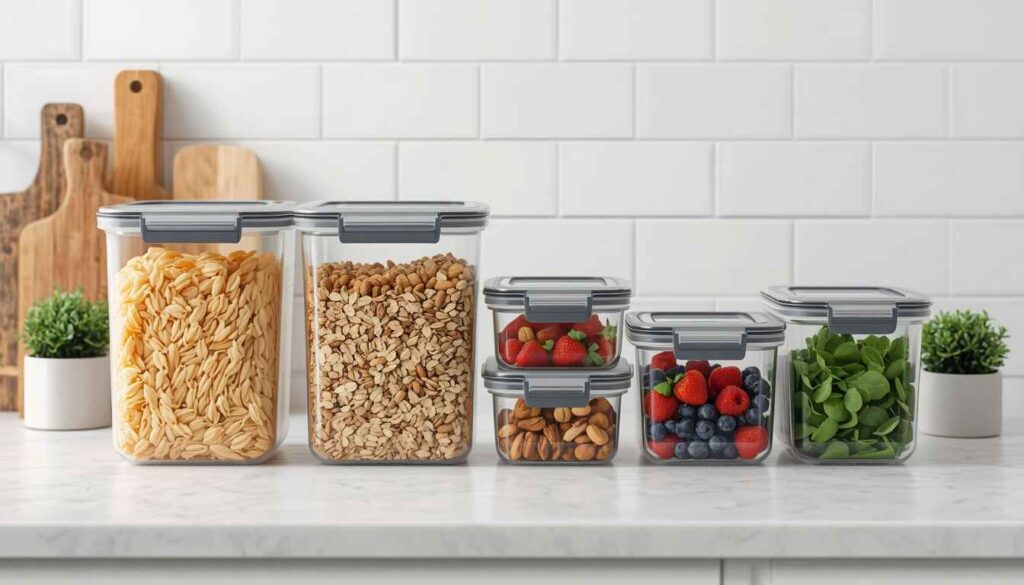 Airtight food storage containers filled with pasta, oats, nuts, berries, and vegetables on a kitchen counter.