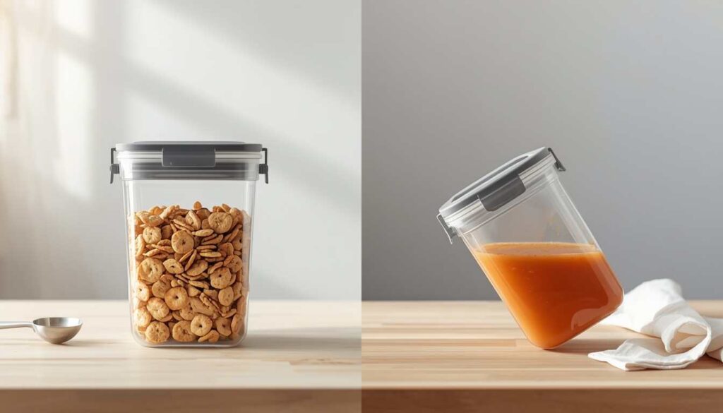 Side-by-side comparison of an airtight container holding dry crackers and a leak-proof container holding tipped tomato soup.