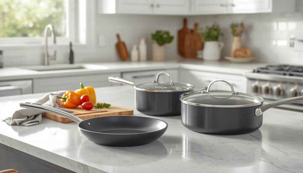 Dark nonstick pots and frying pan arranged on a bright kitchen countertop.