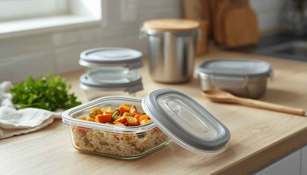 Non toxic food storage containers arranged on a kitchen countertop, with one container open and filled with rice.