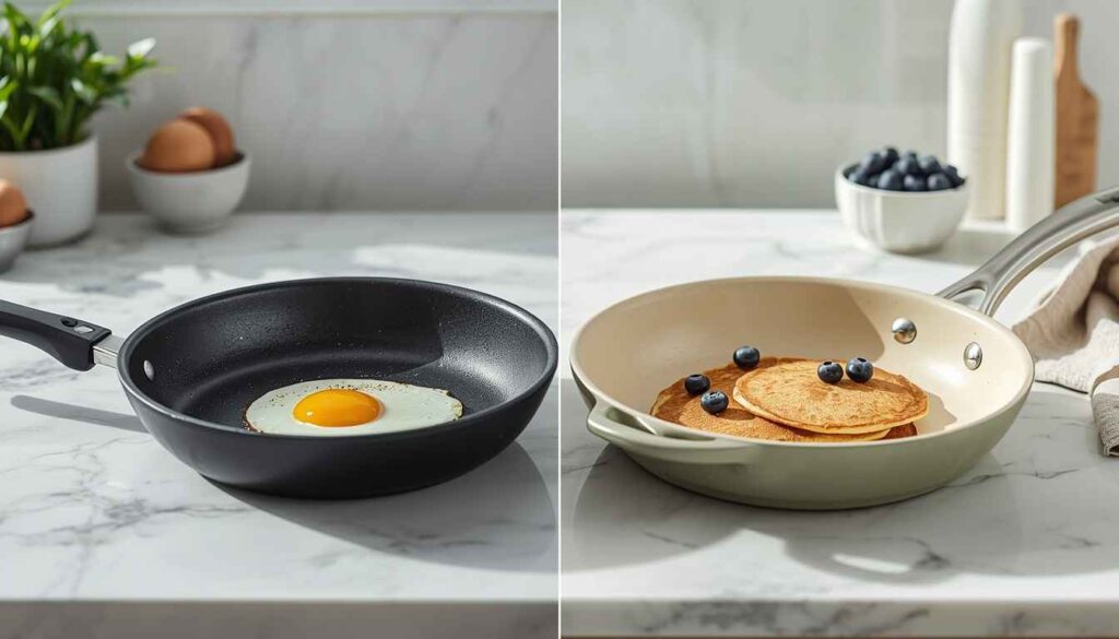 Black nonstick and cream ceramic frying pans with eggs and pancakes in a modern kitchen.