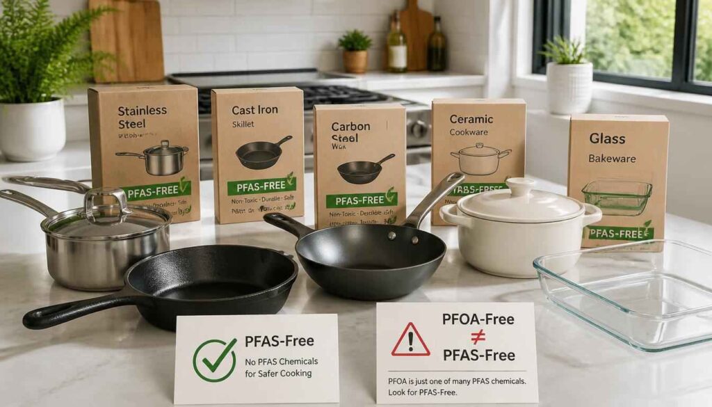 Cookware without PFAS, including stainless steel, cast iron, ceramic, and glass options.