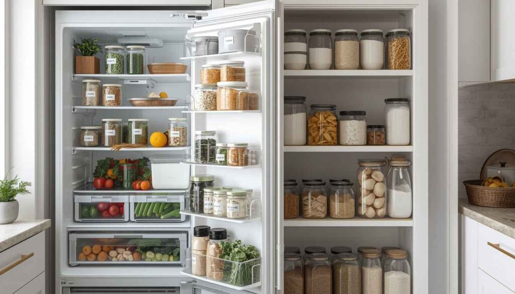 Food Storage Guide with organized refrigerator and pantry.
