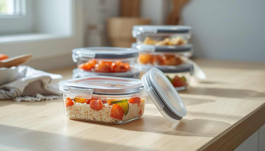 Clear glass food storage containers with snap-lock lids filled with sauce, rice, vegetables, and fruit on a kitchen counter.