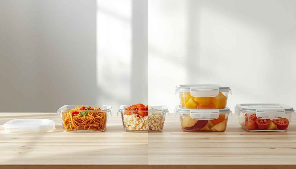 Side-by-side comparison of glass food storage containers and plastic food storage containers filled with the same food.