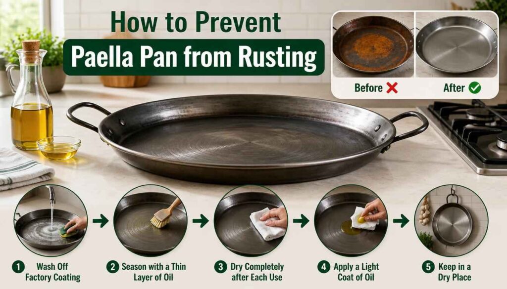 How to prevent paella pan from rusting with proper drying, oiling, and storage.
