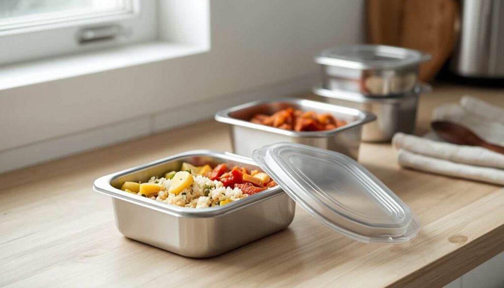 Stainless steel food containers with clear lids, one open and filled with rice, vegetables, and fruit.