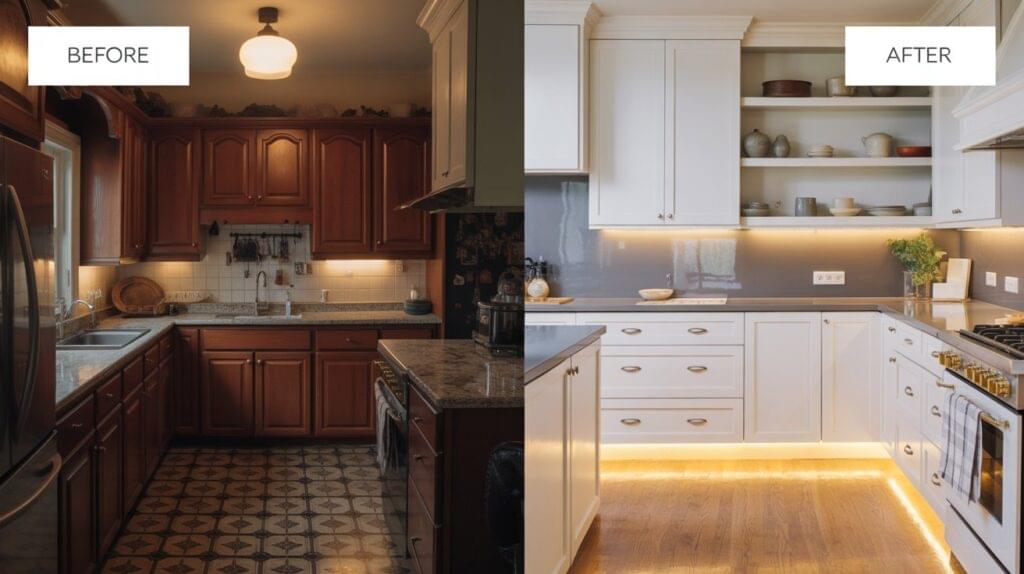 Before and after comparison of a kitchen transformation, showing a dark traditional kitchen upgraded to a bright, modern space with white cabinets, under-cabinet LED lighting, and enhanced ambient light for a more open and inviting look.