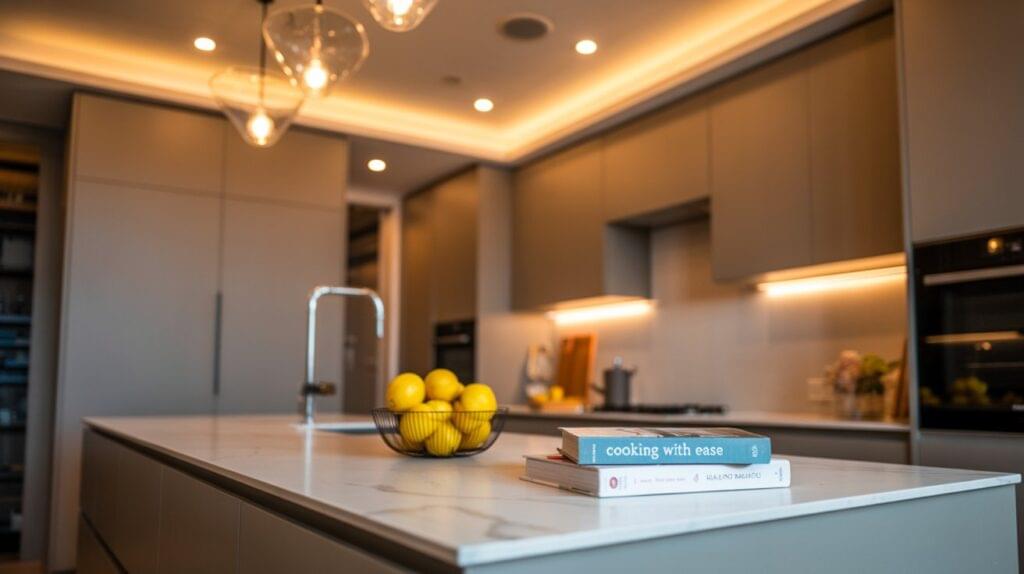Modern grey kitchen with layered ambient lighting in kitchen ideas: cove LEDs, recessed spots, pendants, under-cabinet glow, marble island, lemons, cookbooks.