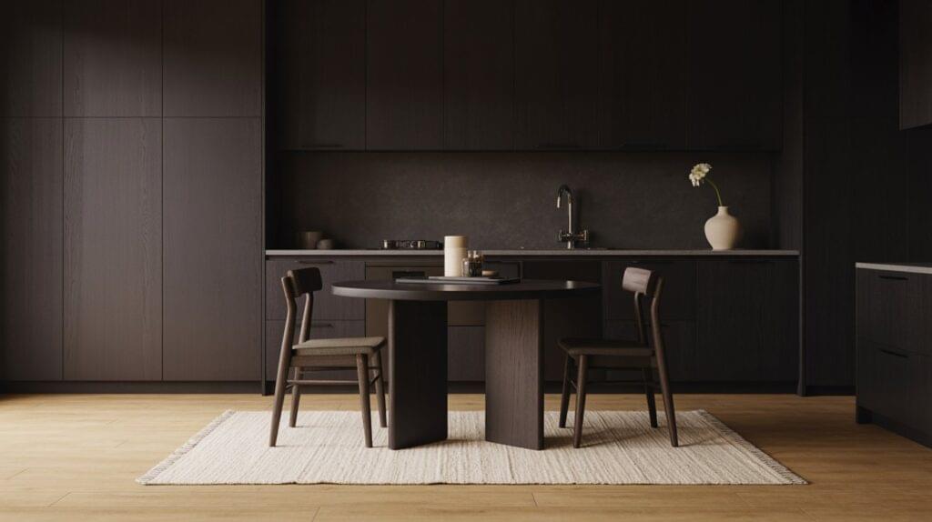 Modern dark kitchen featuring light wood flooring and a textured area rug for warmth and contrast