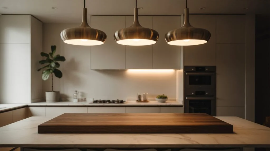A modern kitchen with sleek pendant lights illuminating the island, perfectly representing what is the best lighting for a kitchen island in today’s design trends.