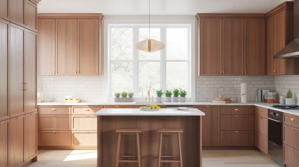 Modern kitchen featuring light walnut kitchen cabinets, white quartz countertops, and gold fixtures in a bright, natural light setting.
