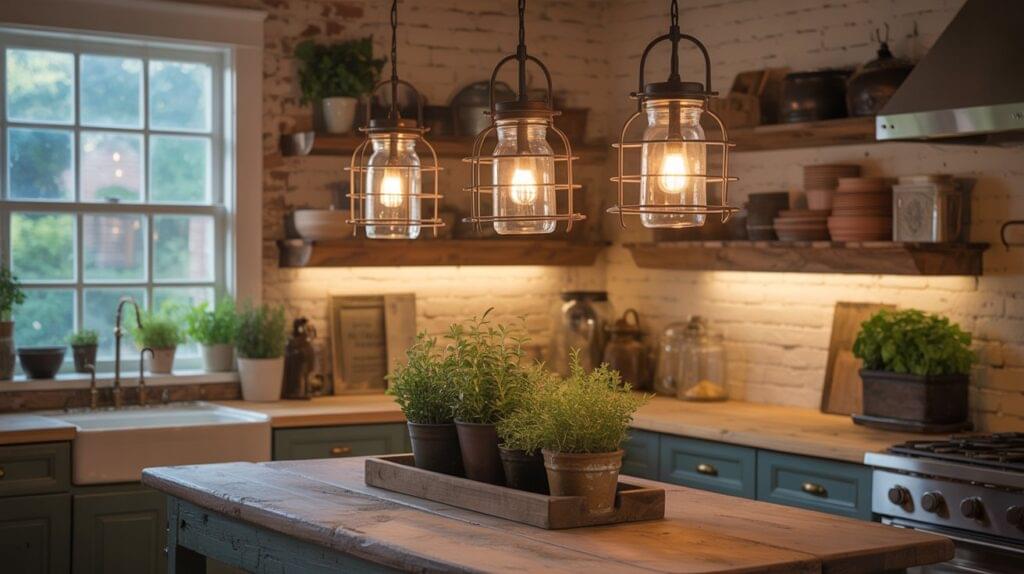 Rustic DIY farmhouse kitchen featuring mason jar pendant lights above a wooden island with herbs and vintage decor