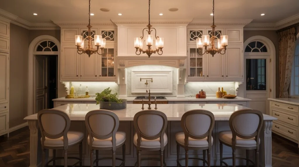 A beautifully designed traditional kitchen showcasing antique chandeliers and under-cabinet lights, ideal for inspiring traditional kitchen lighting ideas.