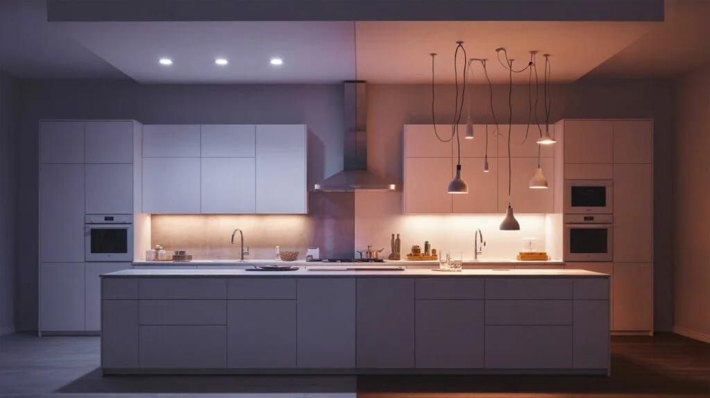 Split-view modern kitchen showcasing Hardwired vs Plug-in Kitchen Lighting with recessed fixtures on one side and plug-in pendant lights on the other