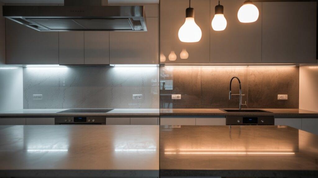 Modern kitchen design illustrating the difference between hardwired vs plug-in kitchen lighting on the left and right sides of the room