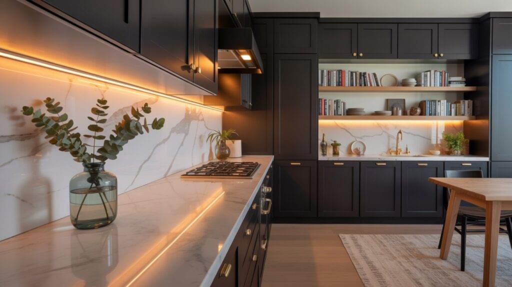 Modern interior showing how to decorate a dark kitchen with black cabinets, under-cabinet lighting, marble backsplash, and natural decor