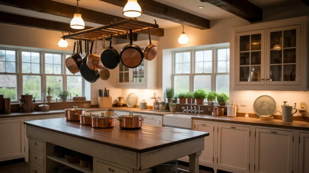 A cozy farmhouse kitchen showcasing layered lighting techniques, perfect for illustrating how to light a farmhouse kitchen effectively.