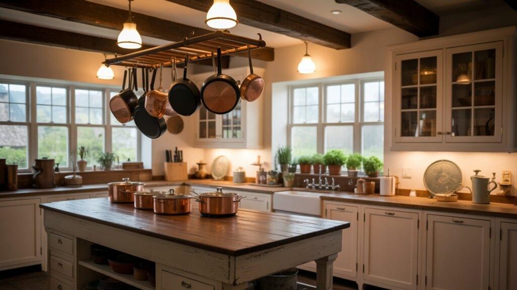 A cozy farmhouse kitchen showcasing layered lighting techniques, perfect for illustrating how to light a farmhouse kitchen effectively.