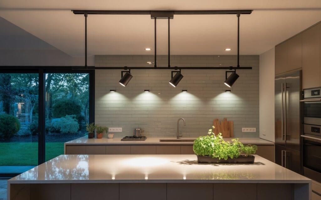 How to use track lighting in the kitchen shown through a modern design with black adjustable fixtures highlighting the backsplash, sink, and countertop greenery.