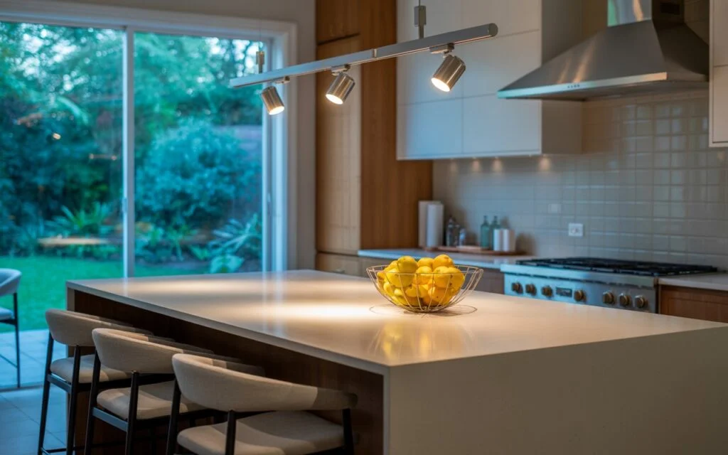 How to use track lighting in the kitchen shown by a modern island with adjustable LED heads aimed at the countertop and bowl of lemons, layered with under‑cabinet light in the background.