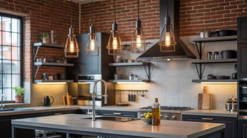 Modern kitchen featuring exposed brick walls, sleek open shelves, and industrial pendant lights over a kitchen island – perfect example of industrial kitchen lighting ideas