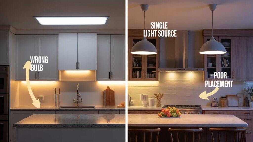 A comparison image showing mistake in kitchen mood lightinig, highlighting issues such as using the wrong bulb, relying on a single light source, and poor lighting placement in modern kitchen setups.