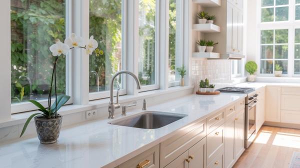 A bright, light and airy kitchen with large windows, white countertops, indoor plants, and natural lighting