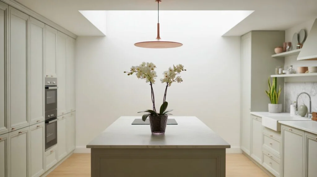 A modern light and airy kitchen with soft sage cabinetry, minimalist décor, natural light from a ceiling skylight, and a central island featuring a white orchid in a glass pot.
