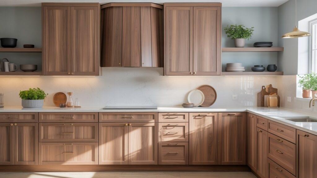 Modern kitchen featuring light walnut cabinets with open shelving, quartz countertops, and brass hardware