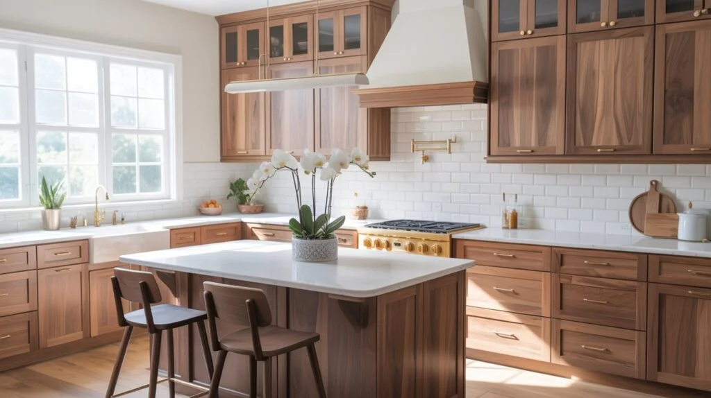 Bright and modern kitchen featuring light walnut kitchen cabinets with white countertops, brass hardware, and natural sunlight streaming through large windows.