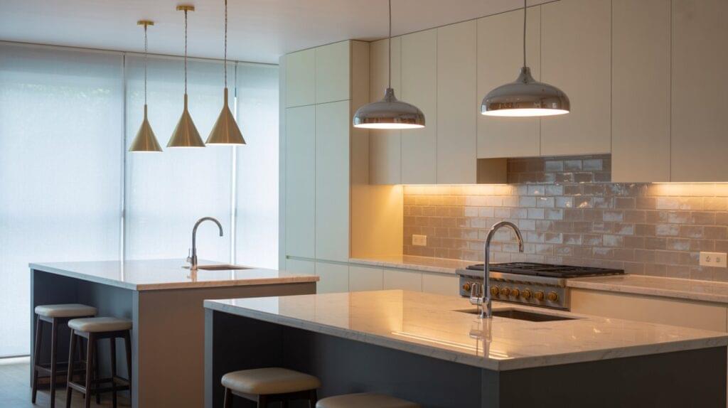 Modern kitchen featuring two islands with matching light fixtures sized to layout and proportions for optimal functionality and aesthetics
