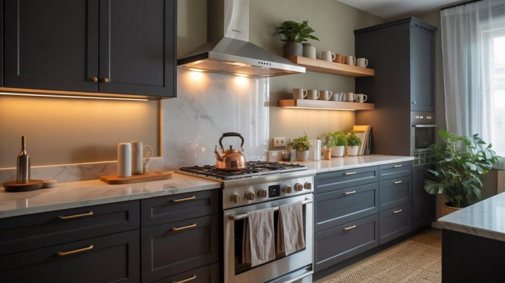 Contemporary dark kitchen with open shelves, under-cabinet lighting, indoor plants, and marble counters styled for warmth and function