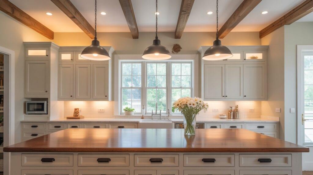 Modern farmhouse kitchen featuring recessed ceiling lights and pendant fixtures over a large island, illustrating how to light a farmhouse kitchen