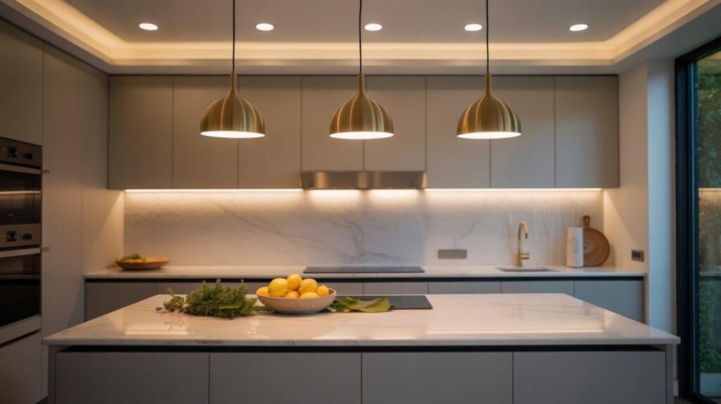 Modern kitchen with gold pendant lights, recessed ceiling spots, and soft under-cabinet LED glow showcasing stylish ambient lighting design.