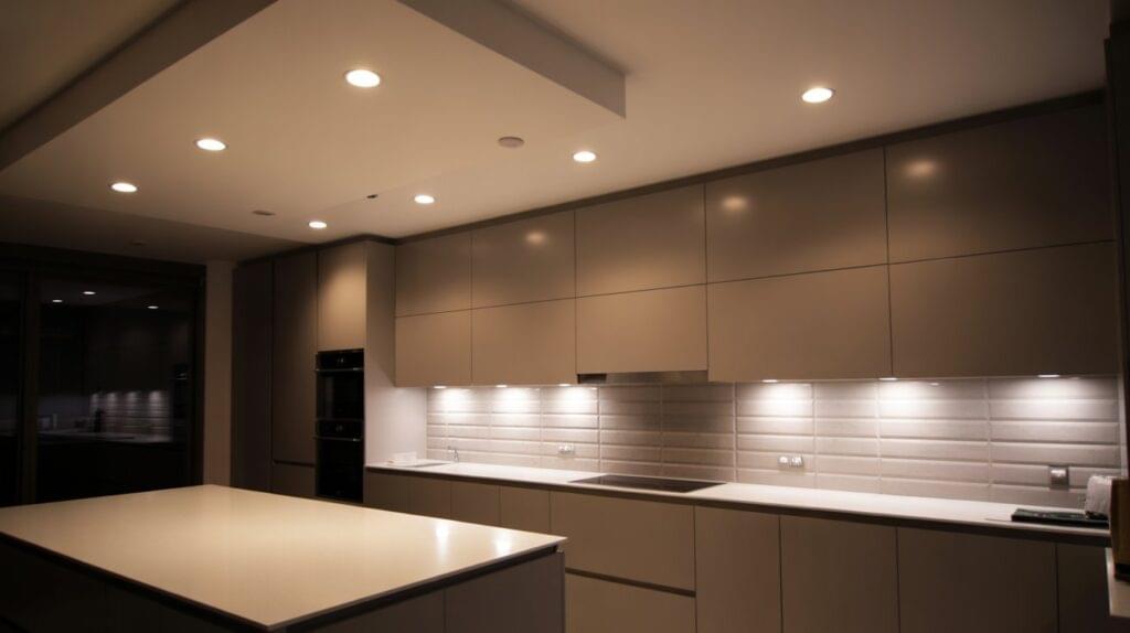A modern kitchen showcasing efficient lighting with recessed ceiling and under-cabinet downlights, illustrating what are kitchen downlights in use.