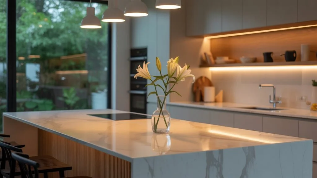 A modern kitchen showing how to set mood with kitchen lights using pendant lights, under-cabinet LEDs, and warm tones for a cozy ambiance.