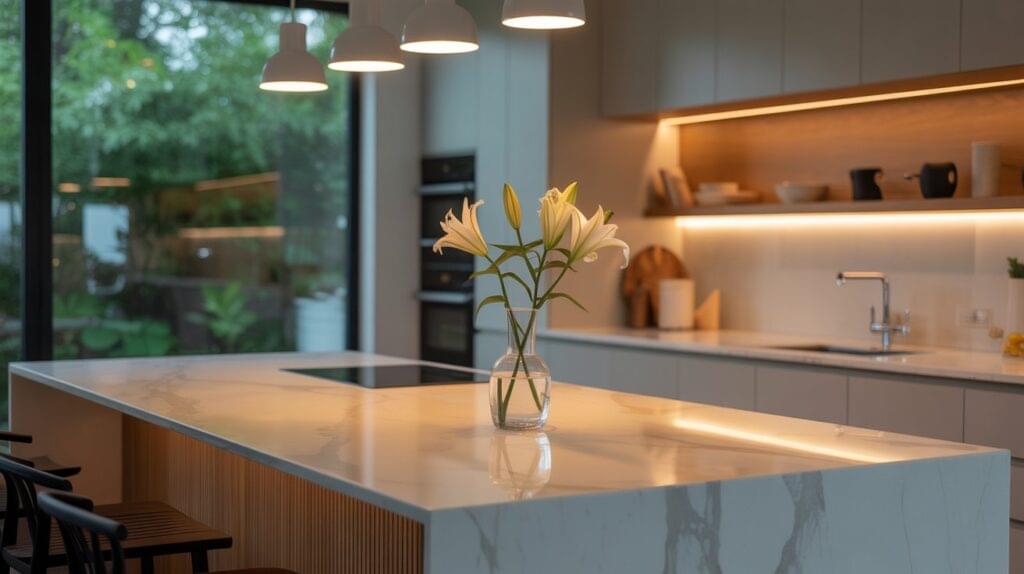 A modern kitchen showing how to set mood with kitchen lights using pendant lights, under-cabinet LEDs, and warm tones for a cozy ambiance.