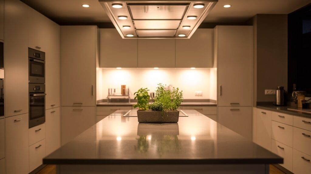 A contemporary kitchen showcasing what is the best recessed lighting for a kitchen, with overhead and under-cabinet fixtures for balanced illumination.