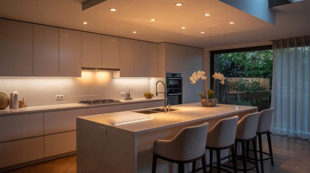 A sleek modern kitchen illuminated by ceiling-mounted fixtures, perfectly demonstrating what is the best recessed lighting for a kitchen in terms of both style and efficiency.