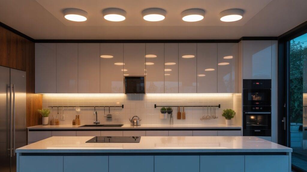Modern kitchen interior featuring ceiling-mounted downlights, showcasing effective lighting layout that illustrates what are kitchen downlights in use.