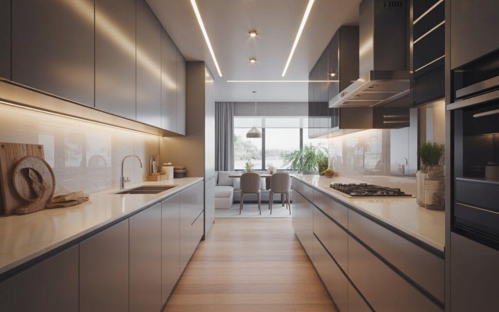 A modern narrow kitchen with LED strip lighting and recessed ceiling lights, showcasing smart and stylish modern narrow kitchen lighting ideas.