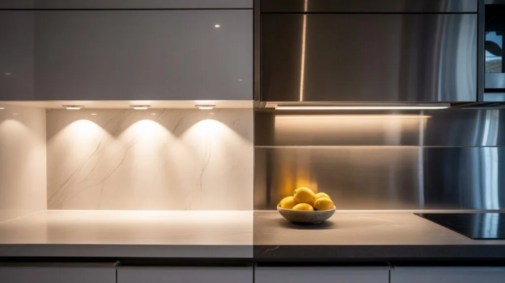 Side-by-side view of puck vs strip under cabinet lighting in a modern kitchen showcasing spotlight effect versus even illumination.