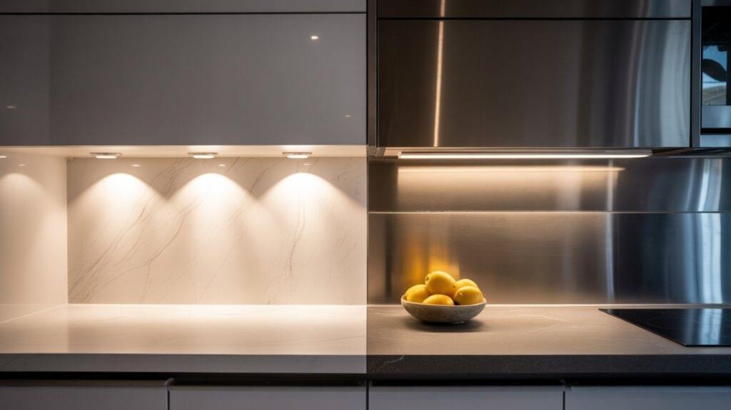 Side-by-side view of puck vs strip under cabinet lighting in a modern kitchen showcasing spotlight effect versus even illumination.