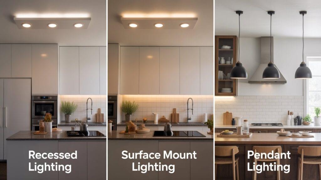 A side-by-side comparison of recessed, surface mount, and pendant lighting styles in modern kitchen setups
